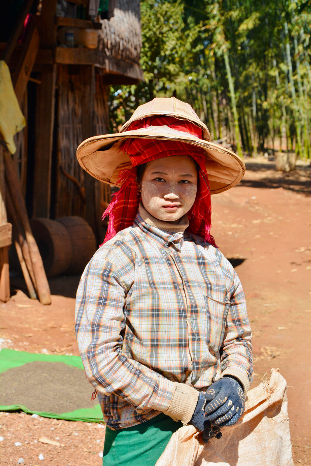 Burnamese woman with red shawl